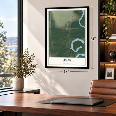 Edgar, Montana map, 18 x 24 inch print in a black frame in a home office