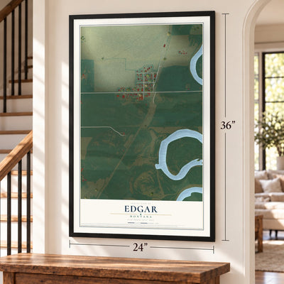 Edgar, Montana map, 24 x 36 inch print in a black frame by a staircase