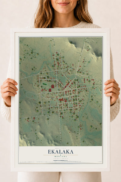 Map of Ekalaka, Montana, 18 x 24 inch print in a white wood frame