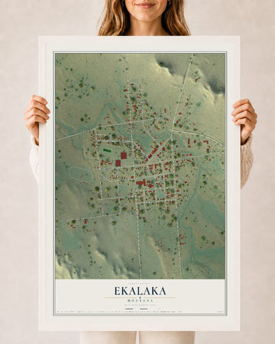 Map of Ekalaka, Montana, 24 x 36 inch print in a white wood frame