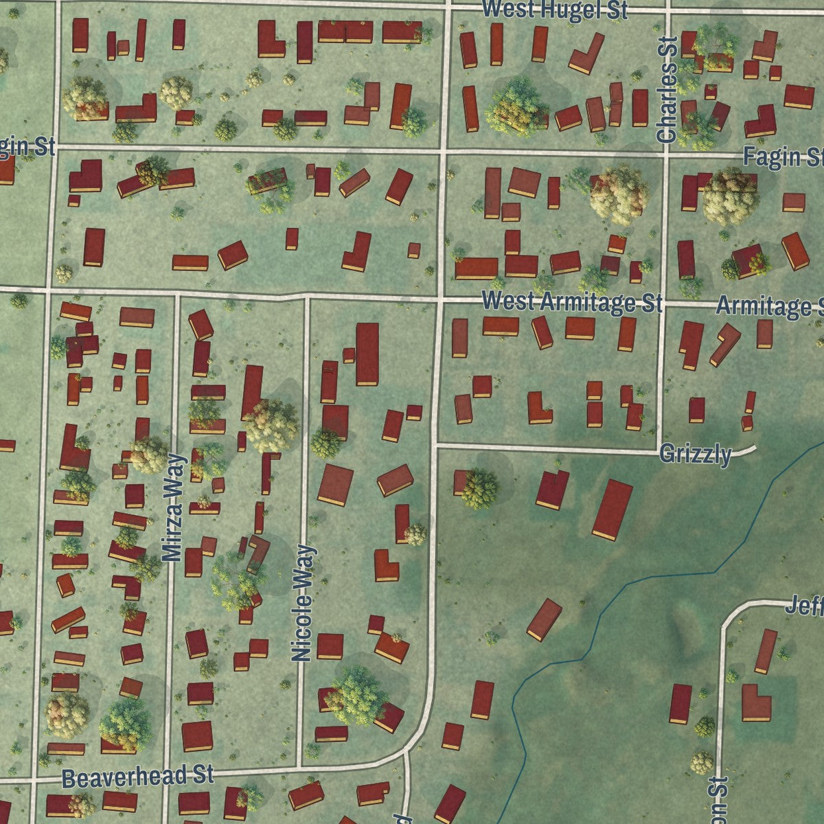 Close-up of the map of Ennis, Montana print showing street and building detail