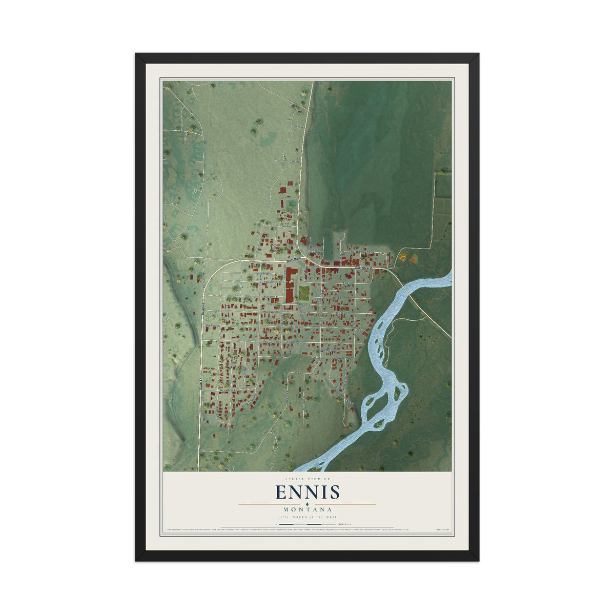 Map of Ennis, Montana, 12 x 18 inch print in a black wood frame