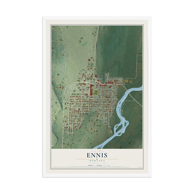 Map of Ennis, Montana, 12 x 18 inch print in a white wood frame