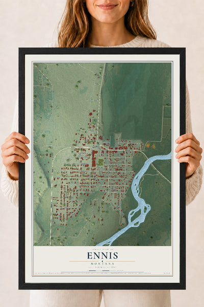 Map of Ennis, Montana, 18 x 24 inch print in a black wood frame