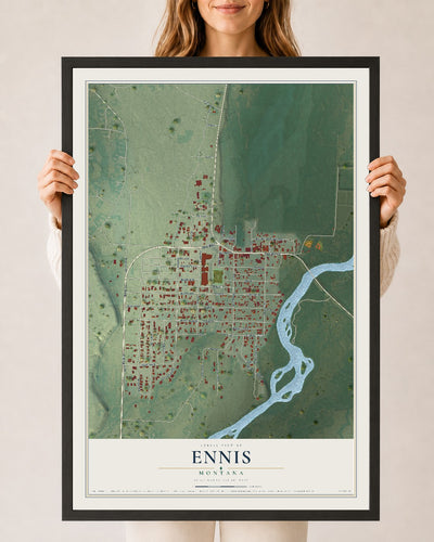 Map of Ennis, Montana, 24 x 36 inch print in a black wood frame