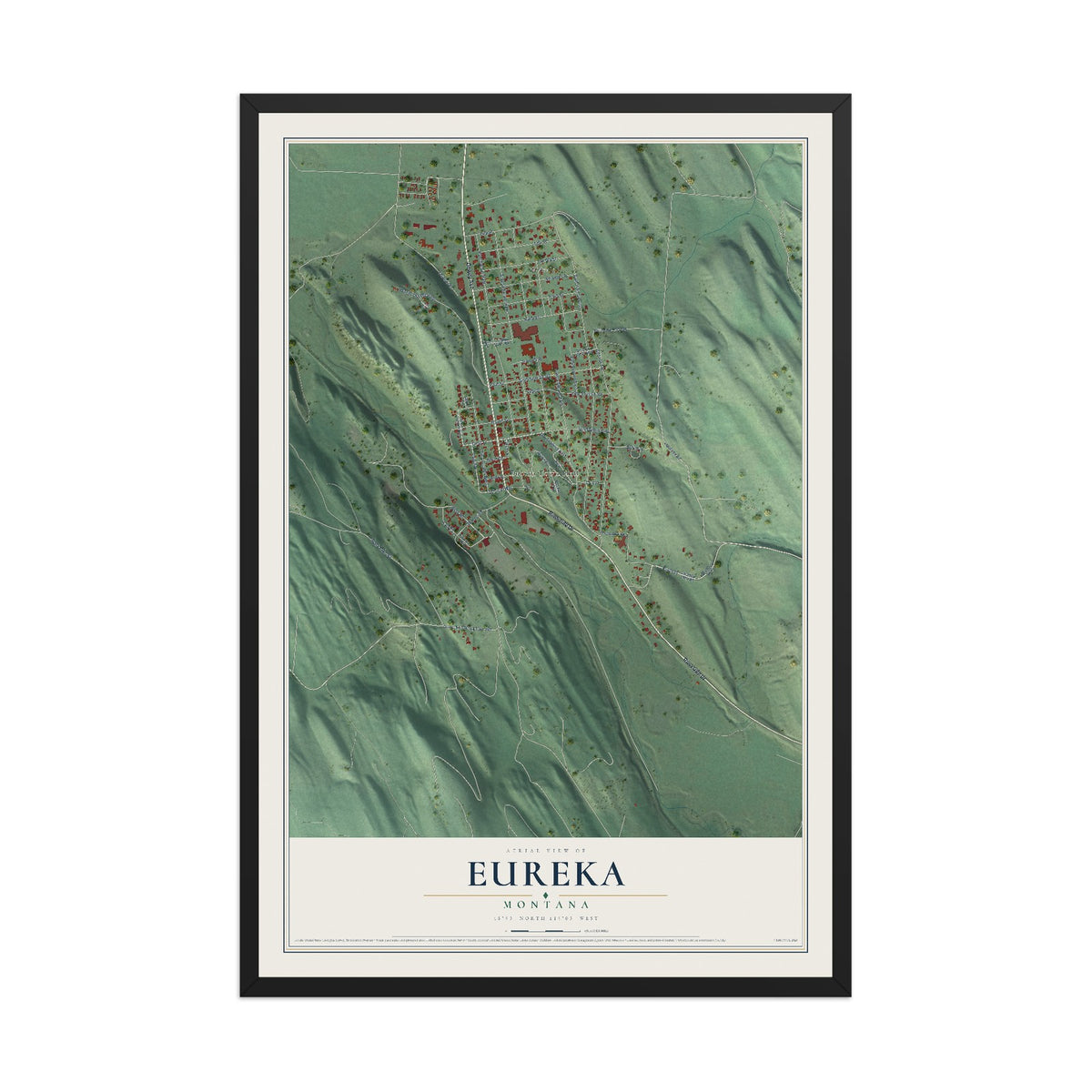 Map of Eureka, Montana, 12 x 18 inch print in a black wood frame