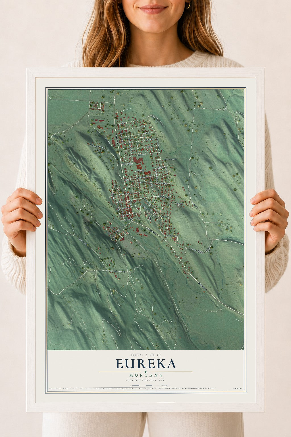 Map of Eureka, Montana, 18 x 24 inch print in a white wood frame