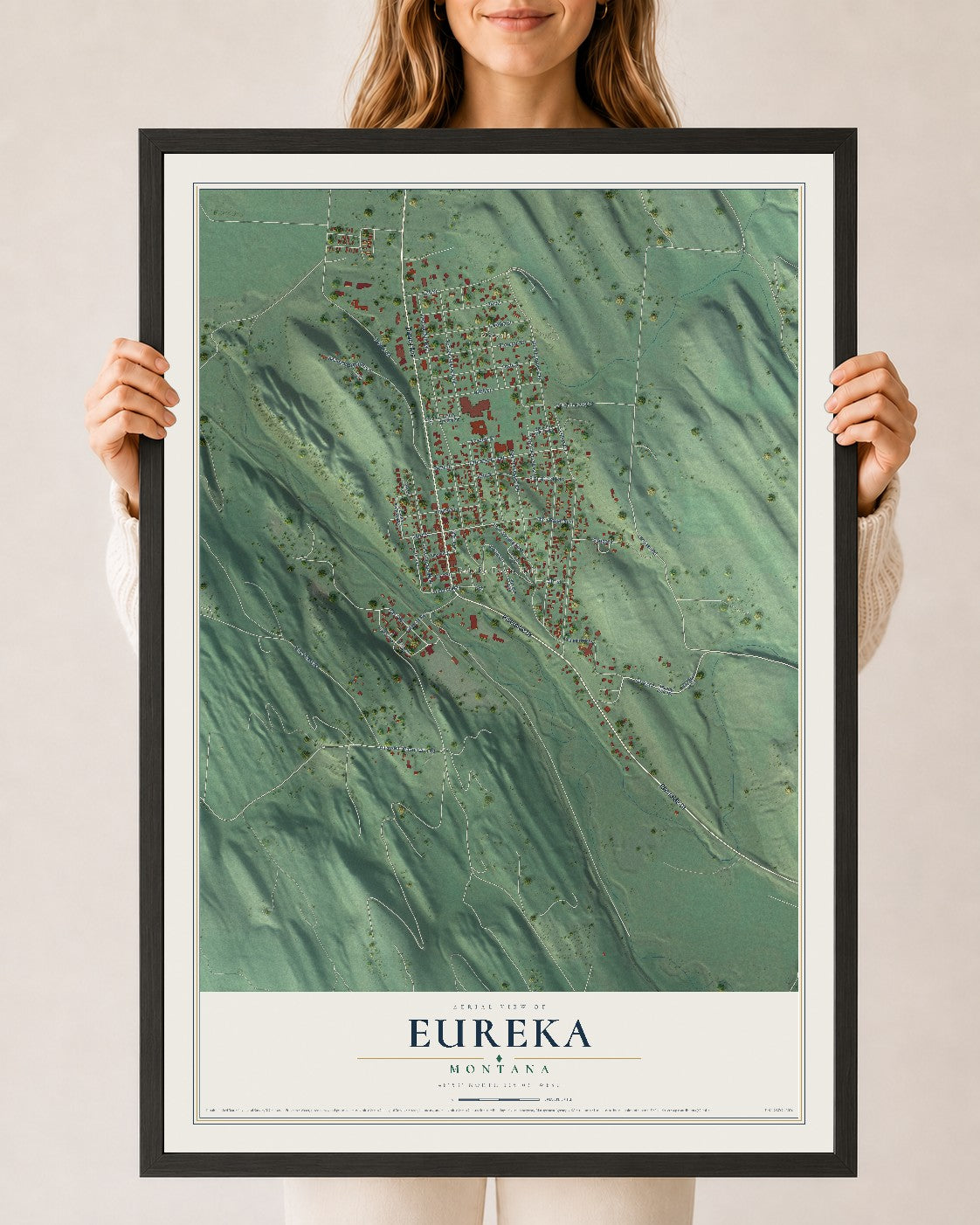 Map of Eureka, Montana, 24 x 36 inch print in a black wood frame