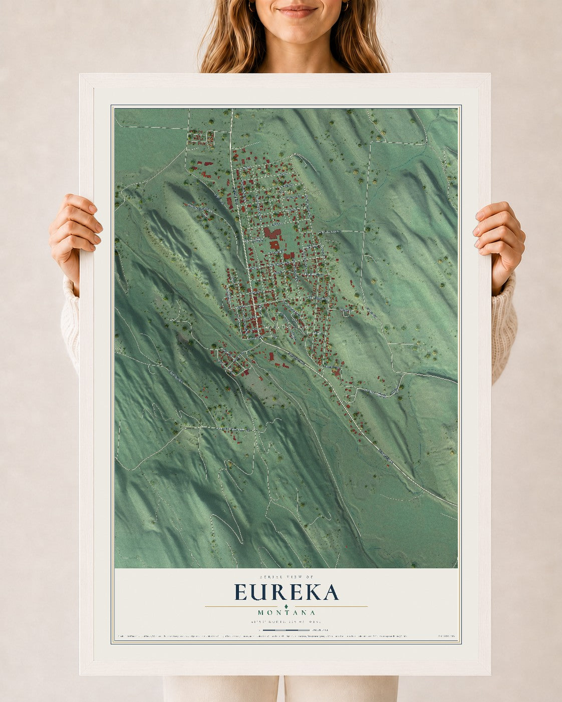 Map of Eureka, Montana, 24 x 36 inch print in a white wood frame