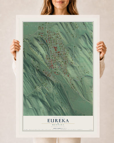 Map of Eureka, Montana, 24 x 36 inch print in a white wood frame