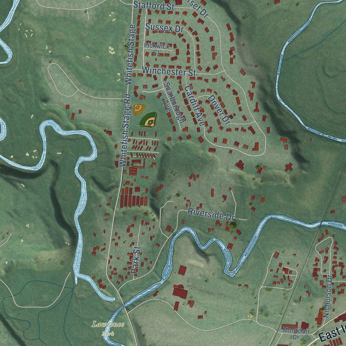 Second close-up of the map of Evergreen, Montana print showing more streets and buildings