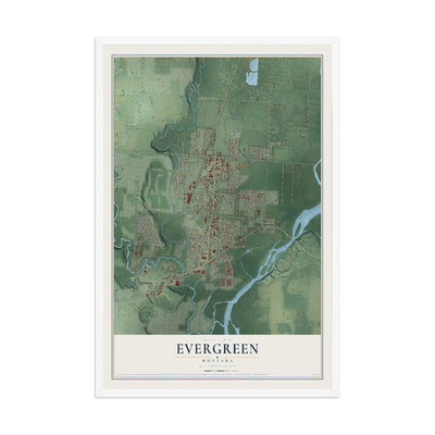 Map of Evergreen, Montana, 12 x 18 inch print in a white wood frame