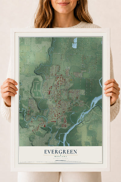 Map of Evergreen, Montana, 18 x 24 inch print in a white wood frame