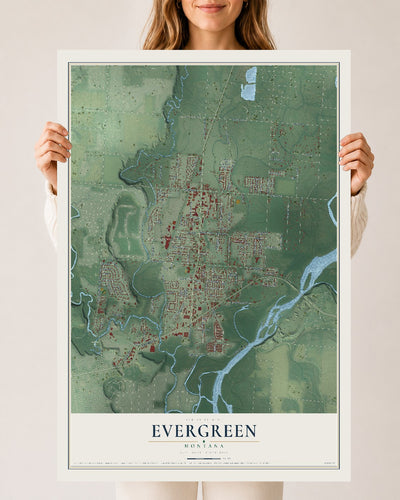 Map of Evergreen, Montana, 24 x 36 inch unframed archival matte print