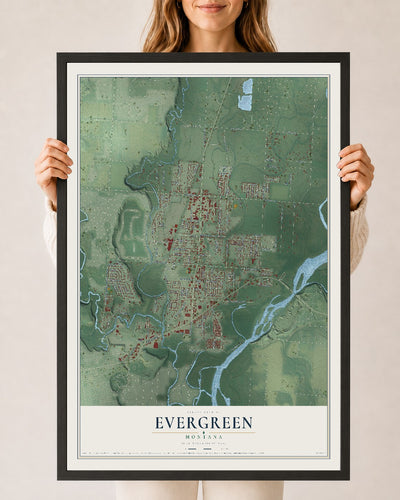 Map of Evergreen, Montana, 24 x 36 inch print in a black wood frame