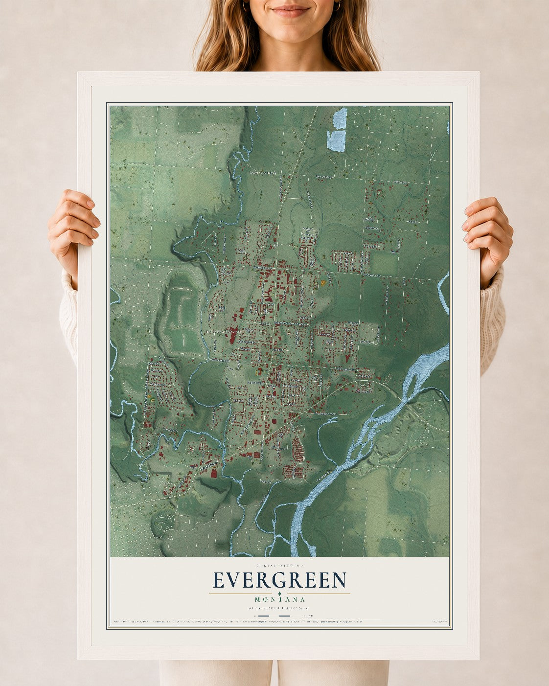 Map of Evergreen, Montana, 24 x 36 inch print in a white wood frame