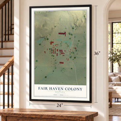 Fair Haven Colony, Montana map, 24 x 36 inch print in a black frame by a staircase