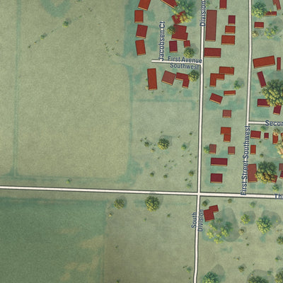 Second close-up of the map of Fairfield, Montana print showing more streets and buildings