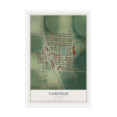 Map of Fairfield, Montana, 12 x 18 inch print in a white wood frame