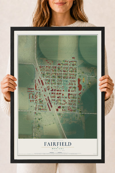 Map of Fairfield, Montana, 18 x 24 inch print in a black wood frame