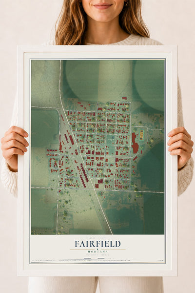 Map of Fairfield, Montana, 18 x 24 inch print in a white wood frame