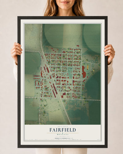 Map of Fairfield, Montana, 24 x 36 inch print in a black wood frame