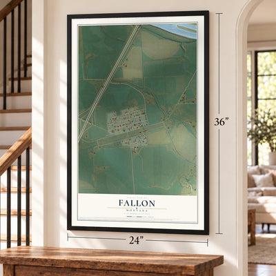 Fallon, Montana map, 24 x 36 inch print in a black frame by a staircase
