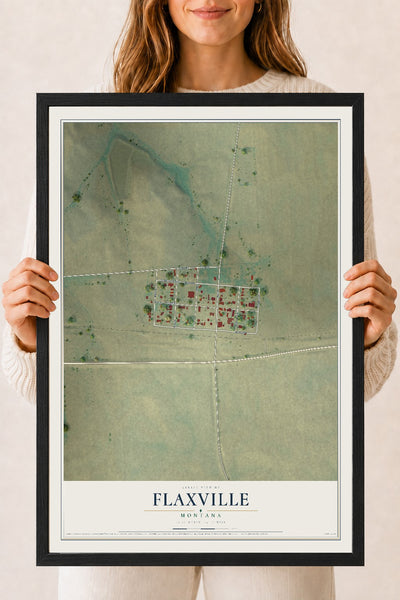 Map of Flaxville, Montana, 18 x 24 inch print in a black wood frame