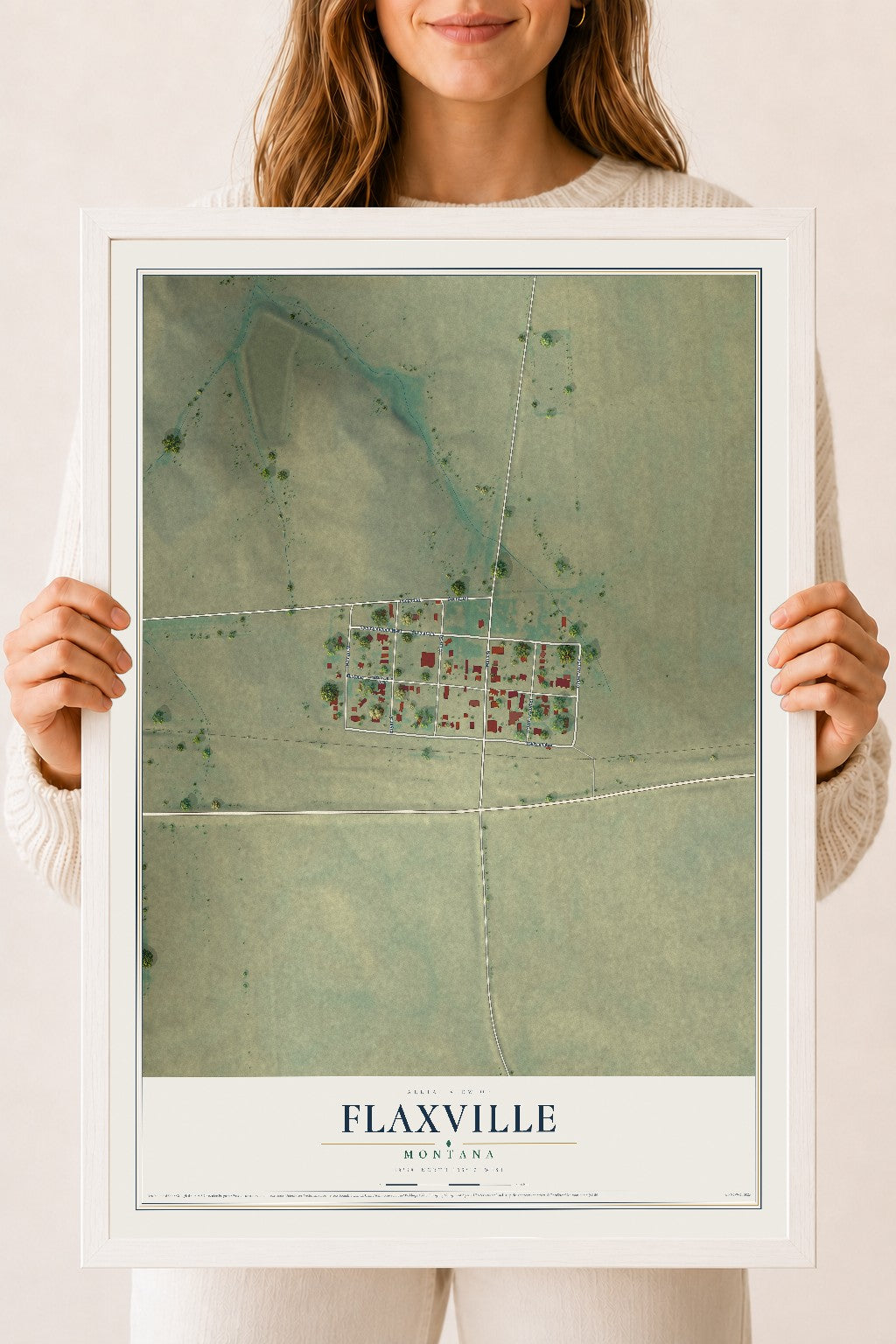 Map of Flaxville, Montana, 18 x 24 inch print in a white wood frame