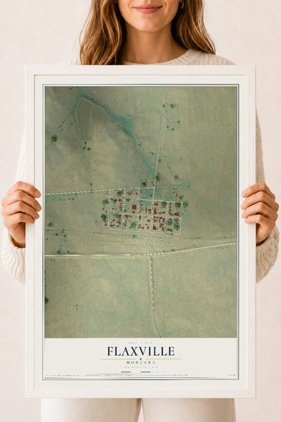 Map of Flaxville, Montana, 18 x 24 inch print in a white wood frame