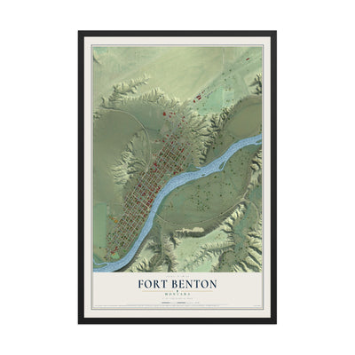 Map of Fort Benton, Montana, 12 x 18 inch print in a black wood frame