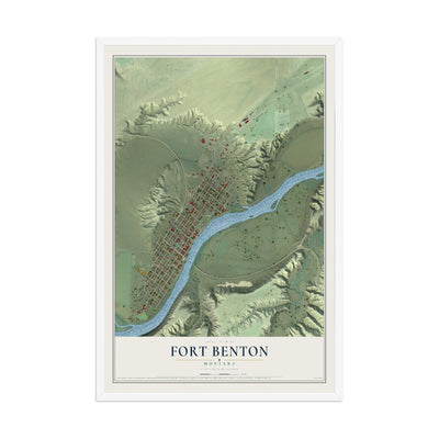 Map of Fort Benton, Montana, 12 x 18 inch print in a white wood frame