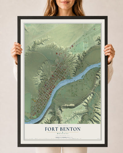 Map of Fort Benton, Montana, 24 x 36 inch print in a black wood frame