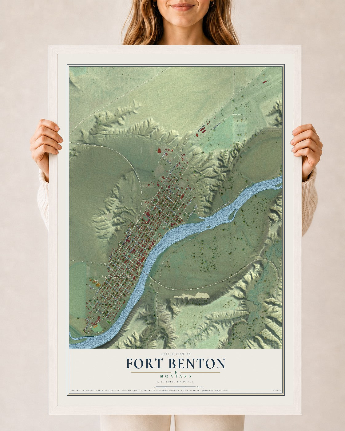 Map of Fort Benton, Montana, 24 x 36 inch print in a white wood frame