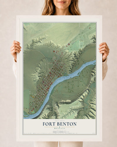 Map of Fort Benton, Montana, 24 x 36 inch print in a white wood frame