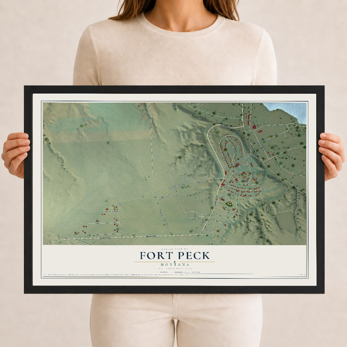 Map of Fort Peck, Montana, 12 x 18 inch print in a black wood frame