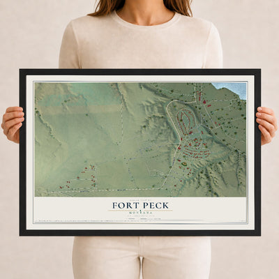Map of Fort Peck, Montana, 12 x 18 inch print in a black wood frame