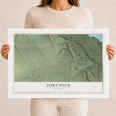 Map of Fort Peck, Montana, 12 x 18 inch print in a white wood frame