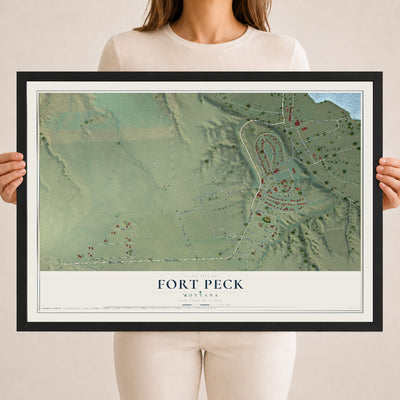 Map of Fort Peck, Montana, 18 x 24 inch print in a black wood frame