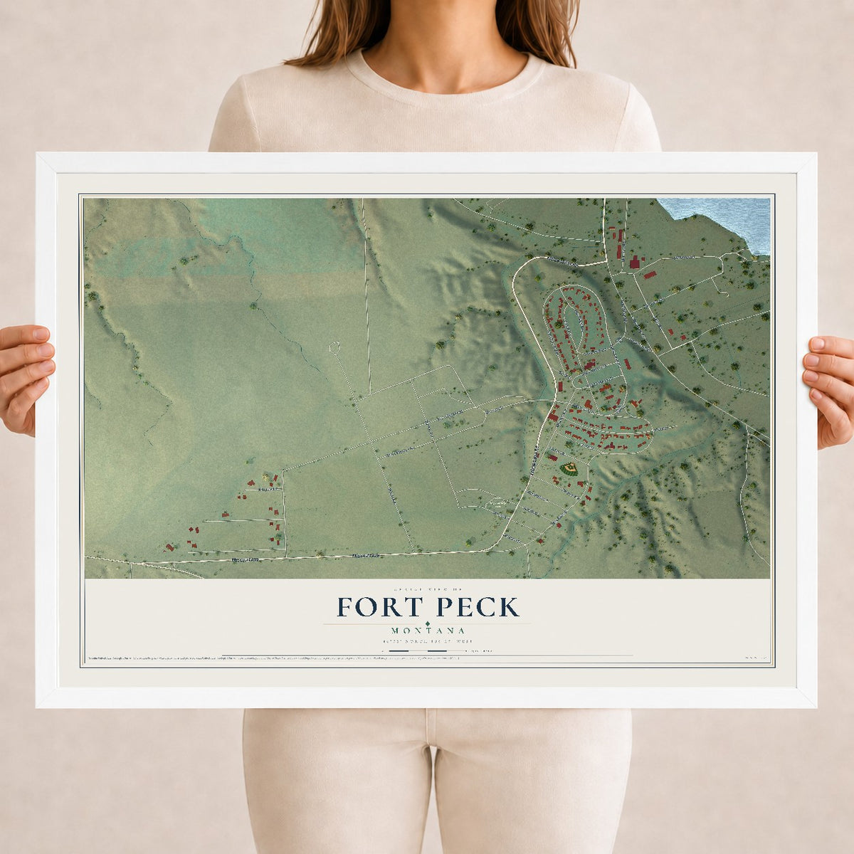 Map of Fort Peck, Montana, 18 x 24 inch print in a white wood frame