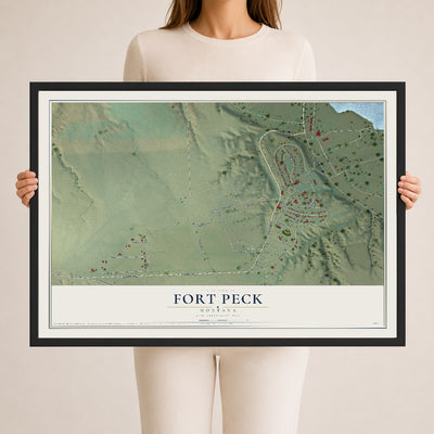 Map of Fort Peck, Montana, 24 x 36 inch print in a black wood frame