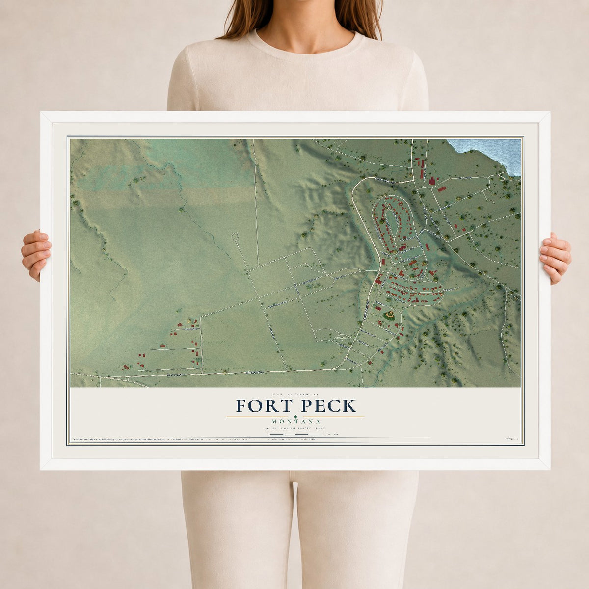 Map of Fort Peck, Montana, 24 x 36 inch print in a white wood frame