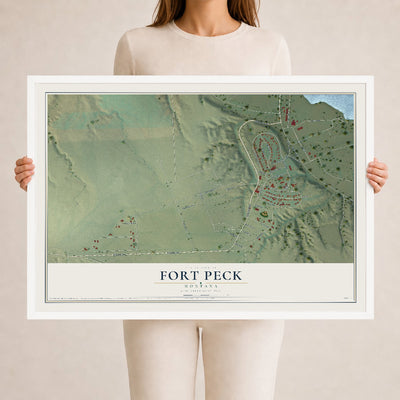 Map of Fort Peck, Montana, 24 x 36 inch print in a white wood frame