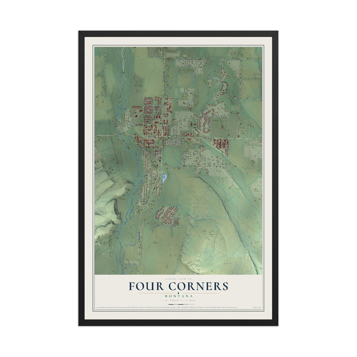 Map of Four Corners, Montana, 12 x 18 inch print in a black wood frame