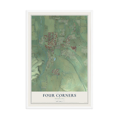 Map of Four Corners, Montana, 12 x 18 inch print in a white wood frame