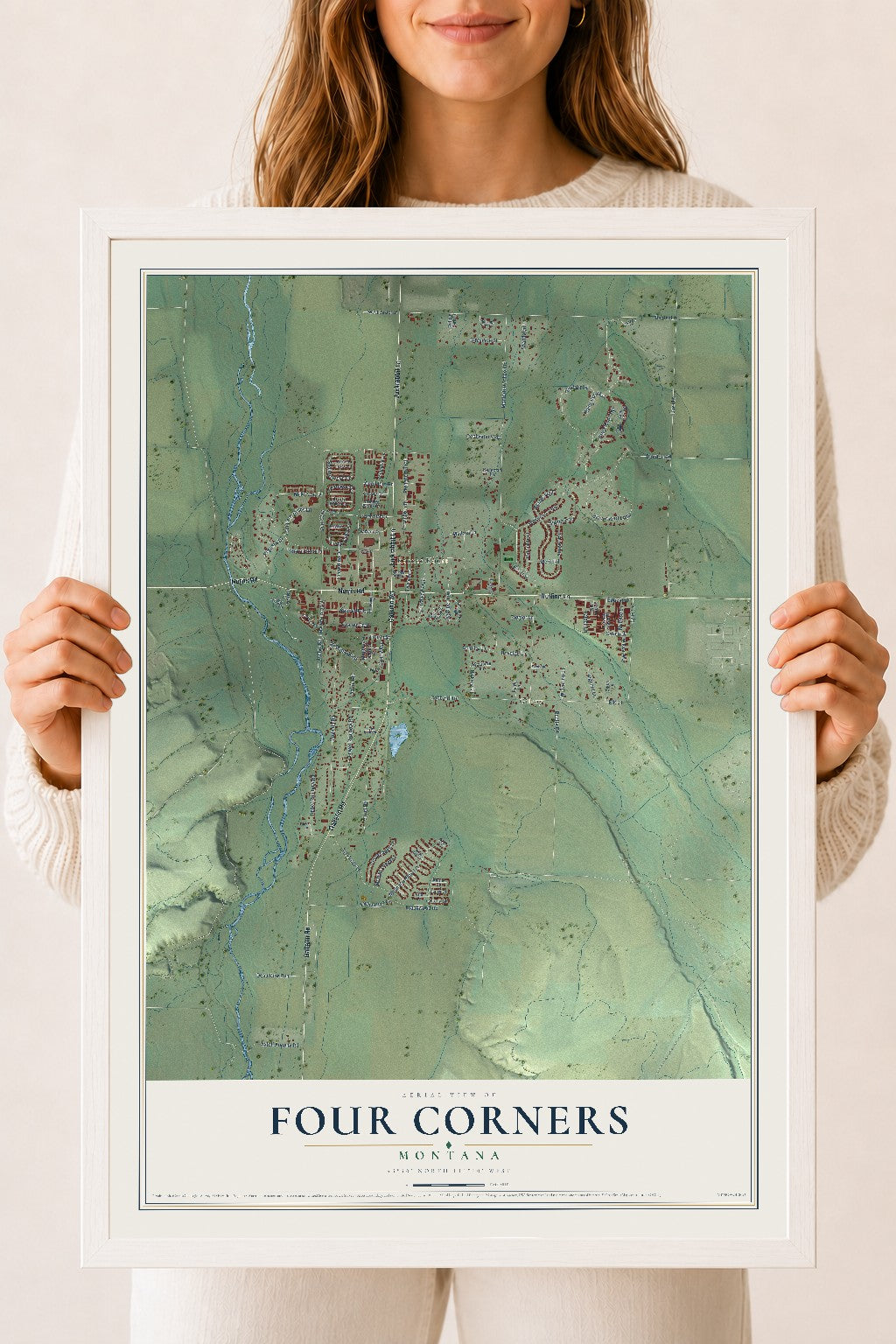 Map of Four Corners, Montana, 18 x 24 inch print in a white wood frame