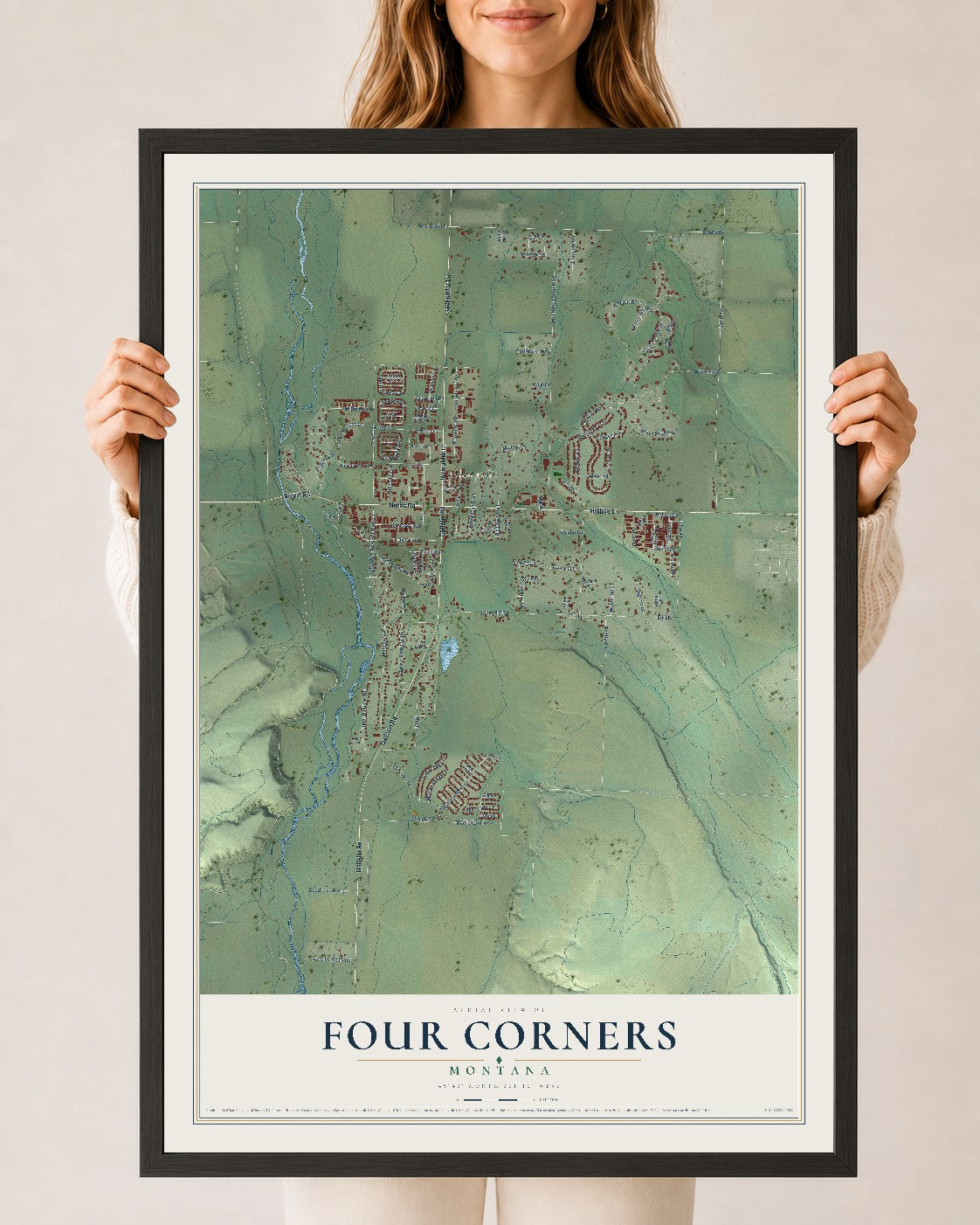 Map of Four Corners, Montana, 24 x 36 inch print in a black wood frame