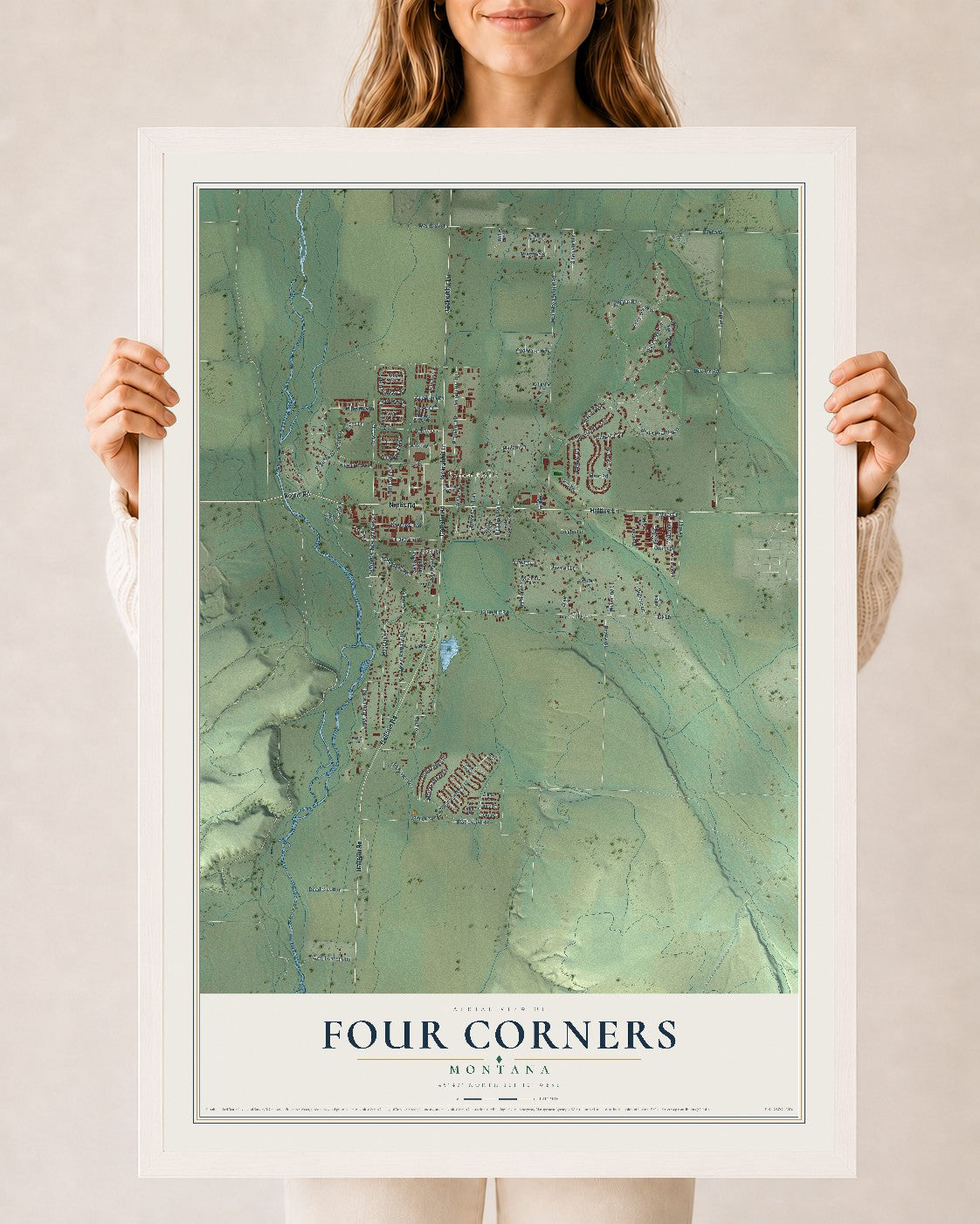 Map of Four Corners, Montana, 24 x 36 inch print in a white wood frame