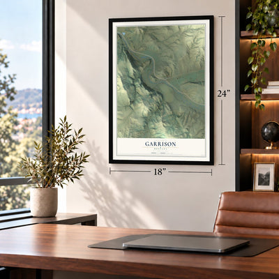 Garrison, Montana map, 18 x 24 inch print in a black frame in a home office