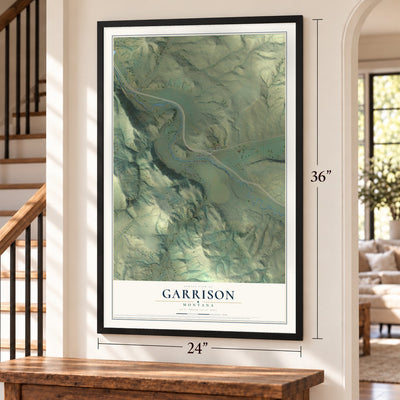 Garrison, Montana map, 24 x 36 inch print in a black frame by a staircase